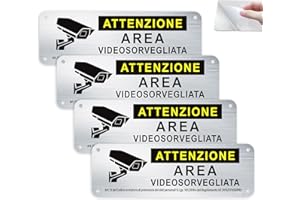 AYIFAN 4Pezzi Cartello Area Videosorvegliata Adesivo, 18x6cm Cartello Videosorveglianza e allarme per casa Metallo Esterno Alluminio Spazzolato piccolo