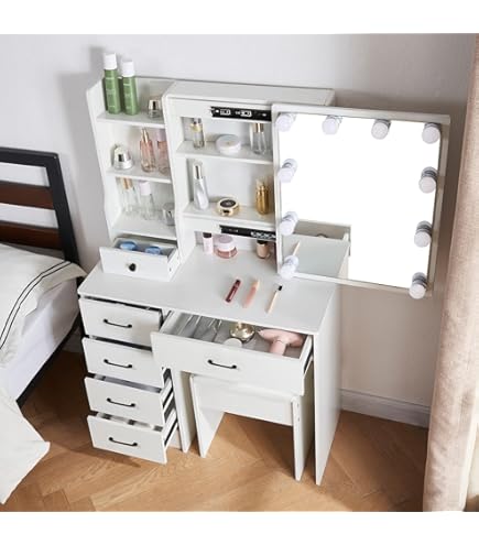 Coiffeuse Avec Miroir, 3 Tiroirs Et Tabouret, 75x40x136 Cm, Style Moderne, Table De Maquillage Commode, Vintage, Blanc - Maison