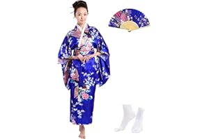 KRUIHAN Traditional Japanese Kimono Women Yukata Robe Silky Dressing Gown Japanese Style Dresses for Women,Party Fancy Dress Cosplay Costume with Folding Fans Tabi Socks Set