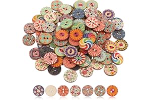 SGERUFZ 100 Pezzi Bottoni in Legno Vintage per Cucire e Creazioni Fai da Te, Bottoni in Resina Legnosa con Disegni Floreali Misti per DIY (15 mm) (Multicolore)