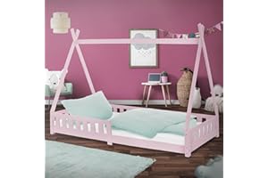 ML DESIGN MODERN LIVING ML-Design Lettino per Bambini Design Teepee con Sponde Protezione Anticaduta Recinzione Rete a Doghe 90 x 200 cm Letto Tenda Indiana da Gioco in Legno di Pino Massiccio Rosa per Cameretta Casa