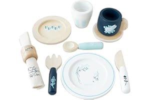 Le Toy Van - TV309 - Gioco educativo set stoviglie per bambini dai 2 anni, in legno certificato FSC, giocattoli ecologici, Montessori, 10 pezzi, set da pranzo, senza plastica, per bambino e bambina