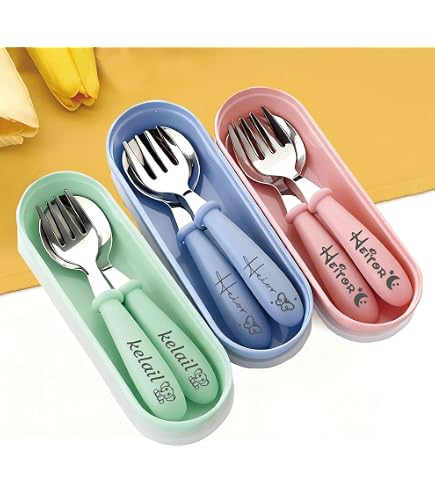 Posate per bambini con incisione del nome, motivo: animali dello zoo, 4 pezzi (tutti e 4 con nome inciso), in acciaio inox, con bella scritta