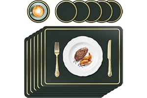 APLKER Placemats and Coasters Set of 6, PU Leather Heat Resistant Washable Non-Slip Waterproof Table Mats for Kitchen Dining Table Home Décor 16 x 12 inches (Dark Green)