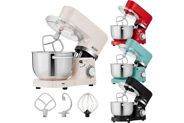 Arebos Robot de cuisine 1500W Crème | Pétrin avec 2x bols en inox 4,5 & 5,5L | Mixeur de cuisine avec crochet mélangeur, crochet pétrisseur, fouet et protection anti-éclaboussures | 6 vitesses