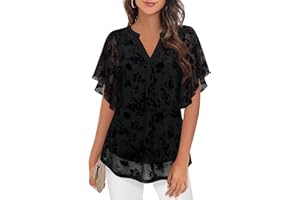 Vafoly Blouse, Women's Elegant Short-Sleeve Summer Tunic, V-Neck Mesh Top, Flowers, Double Layer Tunic