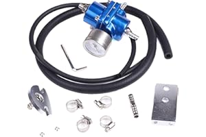 Fuworance Regulador de presión de combustible ajustable 0-140 PSI manómetro + kit de manguera de aluminio FPR regulador de presión de combustible con abrazaderas de llave inglesa universal azul