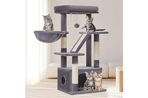 Taoqimiao Rascador para Gatos, 97cm Arbol Rascador para Gatos Cat Tree com 1 Plataformas, 1 Cuevas, Cesta, MS029SG Gris Oscuro