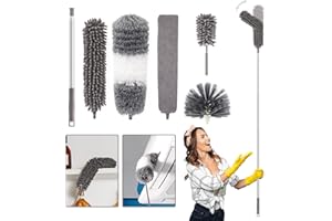 jiuzcare Plumeau Poussière Télescopique Plumeau Poussière en Télescopique Plumeau Lavable Microfibre Plumeau Télescopique Kit Plumeau Toile D'araignée Poussière Tete de Loup Balai Exterieur, 5Pcs