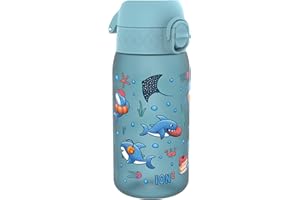 ion8 Kinder Trinkflasche, 350ml, Auslaufsicher, Einhandöffnung, Sichere Verriegelung, Spülmaschinenfest, BPA-frei, Tragegriff, Klappdeckel, Leicht zu Reinigen, Klimaneutral, Haie