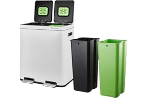 FOX&WEBB Fox & Webb - Dual Rubbish Bin for Kitchen, 60L, Recycling Bin, 2 x 30L Removable Inner Buckets, Pedal Bin, Soft Close, White, 2 x Free Carbon Filters