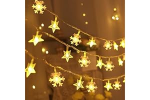 Aubess Łańcuch świetlny z gwiazdami, 6 m, 40 diod LED, płatek śniegu, pięcioramienna gwiazda, zasilany bateriami, dekoracja bożonarodzeniowa, łańcuch świetlny na wesele, do sypialni, na urodziny,