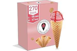 ‎MÜLHEIMER MANUFAKTUR MyNaschbar Halbsüße Eiswaffel 270 Stück, 115 mm lang, Ø 47 mm, VEGAN – Waffelhörnchen mit Rand, – Essbare Eistüten perfekt für 1-2 Kugeln Eis oder Softeis – Eiswaffeln in Eisdielen-Qualität