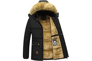 ANUFER Men's Thermal Winter Parka Jacket Thick Fluff Lining Cotton Padded Coat with Detachable Fur Hood