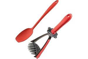 Kochblume Kartoffelstampfer & Soßenlöffel L 2er Set | Premium-Silikon | Hitzbeständig | Spülmaschinenfest | Farbe: rot