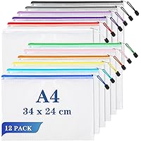 12-Pack A4 Zip Lock Document Wallets - Waterproof PVC Plastic Folders For School, Office, Travel
