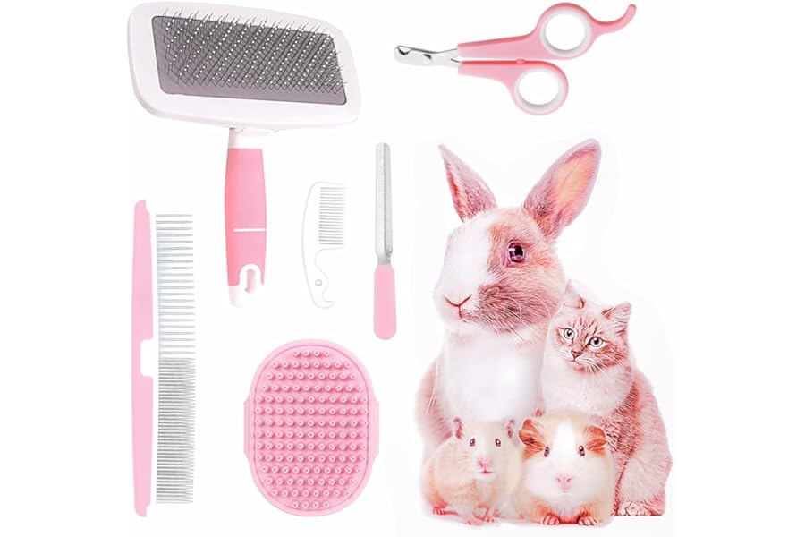 Crafterlife Small Animal Pet Grooming Kit Pet Shedding Slicker Brush, Bath Massage Glove, Pet Grooming Comb, Nail Clipper Trimmer Rabbit, Puppy, Kitten, Guinea Pig, Hamster, Ferret (Pink), 6 Pc Set