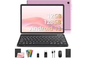 OUZRS Tablette 10 Pouces Tablette Android 13 GMS, 12 Go RAM+128 Go ROM(TF 1TB), Octa Core, Tablette Tactile Caméra HD/IPS, 6000mAh, WiFi Tablette pas Cher avec Bluetooth OTG Type-C Clavier et Souris, Rose