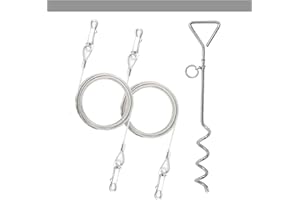 PETOPEDIA 2 X 1.8m Dog Chains for Outside, Dog Tie Out Cable & Steel Spiral Heavy Duty (40cm) Ground Spike Stake Dog Tether Camping, (SILVER)