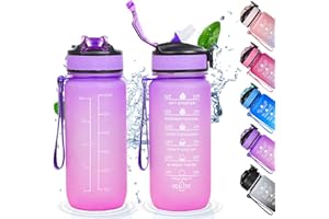 Gofady Water Bottle with Time Marker and Straw, 600ml Sports Water Bottles, BPA Free,Leak Proof, Tritan Plastic, Motivational Large Drinking Bottle for Gym Outdoor Running Cycling Hiking (Purple Pink)