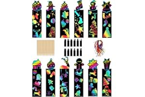 JOHIUX 48 Stück Weihnachten Kratzbilder Für Kinder, Kratzbilder Lesezeichen, Lesezeichen Kinder mit Holzstiften und Bändern，Lesezeichen Personalisiert Mitgebsel Kindergeburtstag Junge und Mädchen.