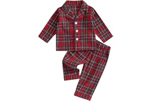 Vioyavo Kids Christmas 2 Pieces Pajamas Set Plaid Print Long Sleeve Lapel Button Down Shirt Tops+Elastic Waist Pants Sleepwear Loungewear