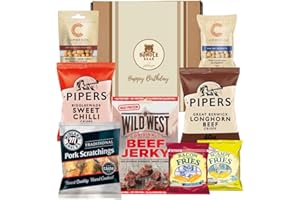 BUNDLE BEAR Pub Snacks Hamper for Men - Savoury Snack Gift Box with Beef Jerky, Pork Scratchings, Pipers Crisps, Cambrook Nuts, and More | Gift Box for Men & Happy Birthday Gift (Happy Birthday)