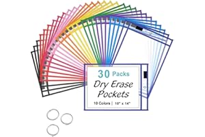 Oaygat 30 PCS A4 Write and Wipe Pockets Dry Erase Pockets with 3 Ring 10 X 14 Inch Reusable Plastic Sleeves Waterproof Dry Brush Bag Punched Pocket Plastic Wallets Folder Document Files Popper Wallet