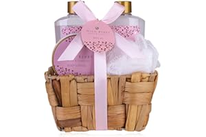 Accentra - Set doccia da donna Wild Berry in cestini in erba marina, set da bagno con gel doccia, bagno in schiuma, lozione per il corpo e spugna a rete, set da 4 pezzi per donne e ragazze