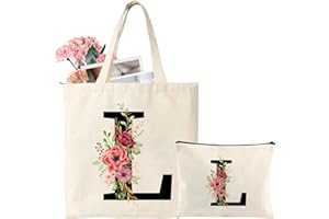 TARKLANDA Personalized Initial Cotton Tote Bag, Canvas Reusable Shopping Bags with Makeup Bags, Gifts for Women, Mom, Teachers, Nurses, Best Friends, Bridesmaids, Monogrammed Gifts for Wedding, Birthday(L)