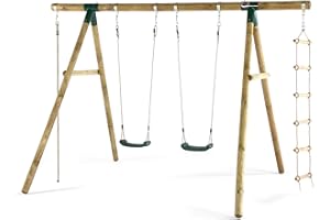 Plum Gibbon Wooden Garden Double Swing, Climbing Rope & Ladder Set