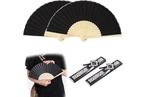 Cozevdnt Folding Hand Fans, 2 Pcs Hand Fan Folding Black Silk Fabric, Bamboo Ribs Handheld Folding Chinese Fan, for Wedding, Party Decoration, Birthday Gifts, DIY Decoration, Home Decorations