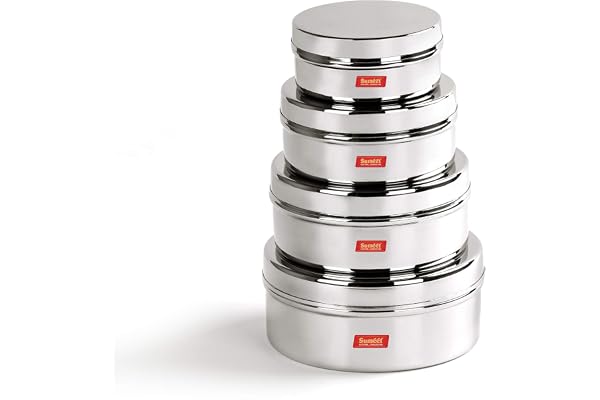 Sumeet Stainless Steel Flat Canisters/Puri Dabba/Storage Containers Set Of 4Pcs (240Ml, 400Ml, 550Ml, 800Ml), Beige