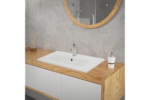 ML DESIGN MODERN LIVING ML-Design Lavabo in Ceramica Bianca 71 x 16,5 x 46 cm Lavandino da Incasso Rettangolare Moderno Bacinella Lavamani per il Bagno e Toilette Lavello con Scarico Standard Foro per Rubinetto e Troppopieno