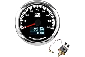 MOTOR METER RACING W Pro 85mm (3-3/8") 4in1 Multi-Function Rev Counter/Tachometer Water Temp Oil Pressure Hour Meter - 8000 RPM Black Dial White LED - For Petrol & Diesel Engine