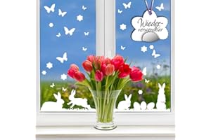 ‎WANDTATTOO-LOFT Wandtattoo-Loft Fensteraufkleber Hasen mit Ostereiern und Schmetterlingen WIEDERVERWENDBAR