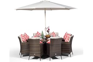 GIARDINO Savannah Rattan Dining Set | Round 8 Seater Brown Rattan Dining Set | Outdoor Poly Rattan Garden Table & Chairs Set | Patio Conservatory Wicker Garden Dining Furniture with Parasol & Cover
