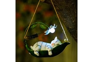 BomKra Solar Cat Statue Garden Ornaments Outdoor Decorations Resin Swing Cat Hanging Decor with Flower Light, Waterproof Animal Figurine for Yard Lawn Garden Decoration Cat Lovers Gifts