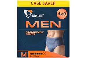 Drylife Men Premium Fit Sous-vêtements Absorbants Jetables Incontinence Homme Pour Fuites Urinaires Modérées Fortes - Taille M (4 Lot de 9)