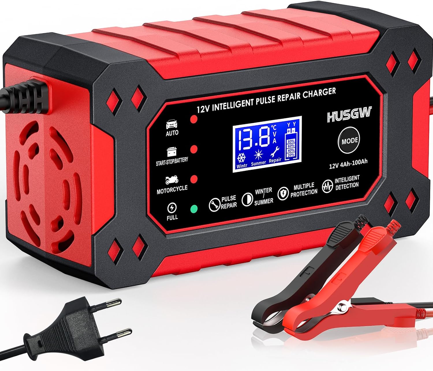 12V6A Cargador de Batería de Coche,Cargador de Batería Inteligente con Pantalla LCD, Múltiples Funciones de Protección,paraAutomóviles,Moto,Camión,AGM,Gel,SLA (2Ah-100Ah)