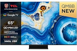 TCL 65QM8B 65-inch QLED Mini LED TV, 4K HDR Premium 1300nits, Smart TV Powered by Google TV (Dolby Vision & Atmos, Onkyo 2.0 sound system​, 144Hz Motion Clarity Pro, Hands-Free Voice Control)