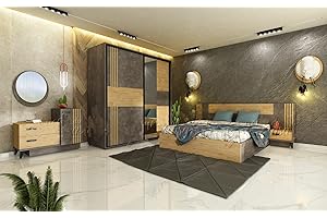 ARREDO DA CASA Camera da Letto Matrimoniale Completa con Armadio 2 Ante Battenti Letto Matrimoniale con Comodini e Comò Dotato di 2 Cassetti 1 Anta e 1 Specchio Cemento Scuro e Quercia Dorata CDLU31