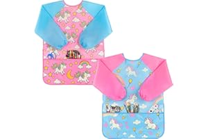 Oiomniv Kinder Malschürze 2 Stück – Wasserdichte Malkittel mit langen Ärmeln und 3 Taschen, waschbare Schürzen für Kinder von 3–8 Jahren