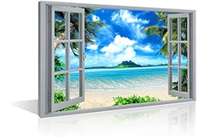 TISHIRON Decoración de pared 3D con efecto de vista a la playa para el hogar, decoración moderna, cuadro impreso en lienzo, marco de madera listo para colgar (36 x 24 pulgadas)