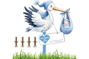 RWBIMTI Storch Geburt für Draussen Junge, Blau Holzstorch Klapperstorch zur Geburt Draußen, Baby Storch Geburt, Geburtsstorch Beidseitig Bedruckt inkl Holzstab und Namensschild mit Grußkarte (B Blue)