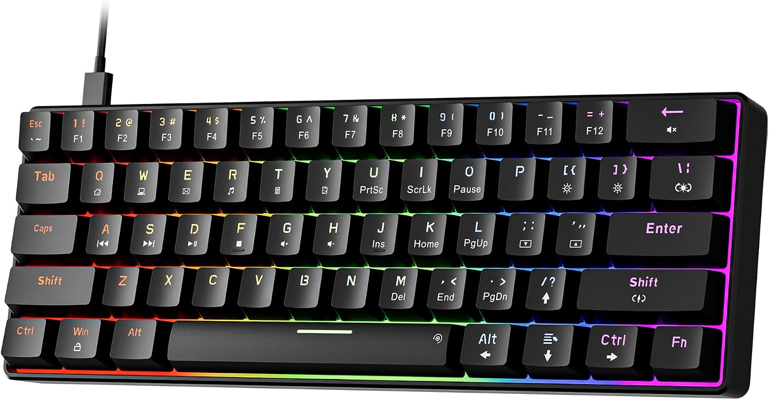 NEWMEN GM611 Gaming Keyboard,60% Percent Mechanical Keyboard 61 Keys LED Backlit Anti-Ghosting Black Keycaps Wired Gaming Keyboard Qwerty for PC, Windows, Gamer, Office, Typists（Red Switches）