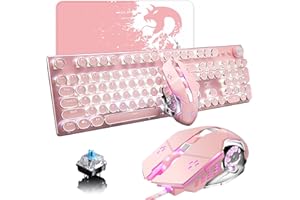 LEXONELEC Teclado mecánico con Cable USB para Juegos con Interruptor Azul Retro Steampunk LED Blanco retroiluminado 104 Teclas Anti-Ghosting