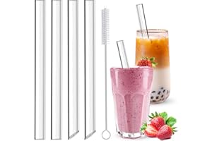 HXC 4 Stück Bubble Tea Strohhalme Glas 14MM Exra Dicke Strohhalme Glas Bubble Tea Strohhalme Wiederverwendbar Boba Tea Glasstrohhalme mit Reinigungsbürsten für Smoothie Säfte 21.5cm