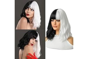 7JHH WIGS Czarna i biała krótka peruka Bob, neonowa krótka peruka Bob Cruella, kolorowa peruka Cosplay na wieczór panieński, neonowy prezent, dekoracja Halloween