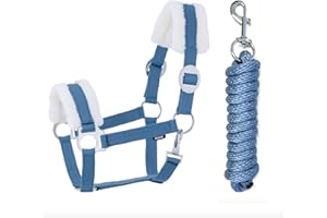 JA Horse Licol en fourrure synthétique - Kit de longe avec mousqueton réglable - Licol de cheval en bois - Corde de fixation (mousqueton en fourrure synthétique, bleu)